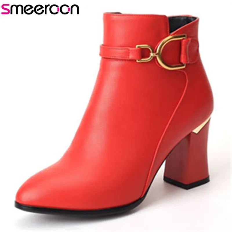 

Smeeroon popular women boots autumn winter boots round toe ankle boots for women high heels wedding shoes zip big size 33-43