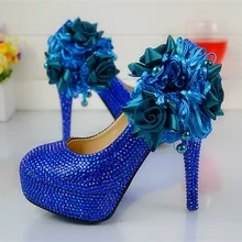 Handmade Lady Hochzeitstag-partei Pumps Hochzeit Kleid Schuhe Königsblau Farbe Strass Partei Abschlussball High Heel Schuhe Plus Größe