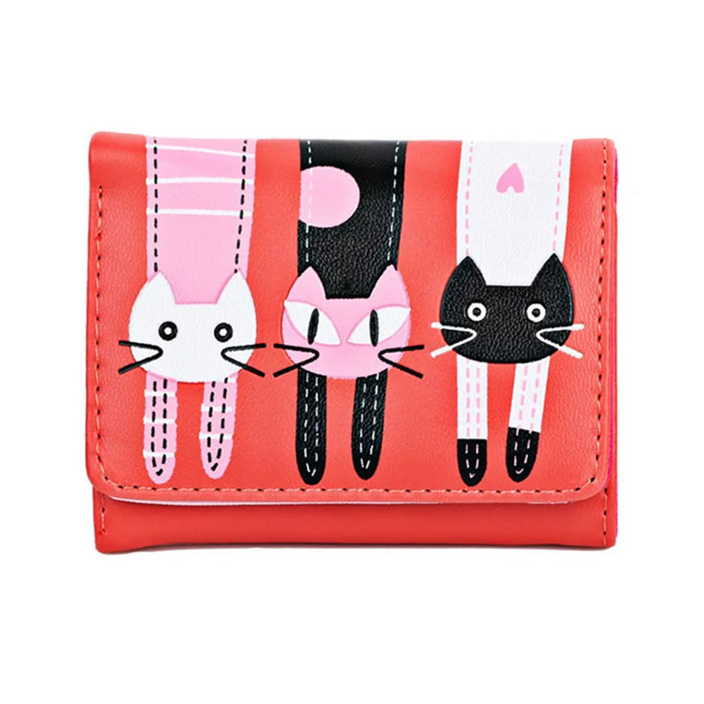 Высокое качество Для женщин портмоне простой модный кожаный чехол с рисунком кота из мультфильма Футляр для карт, Дамский Повседневное клатч, сумочка для денег короткий бумажник популярные - Цвет: Красный