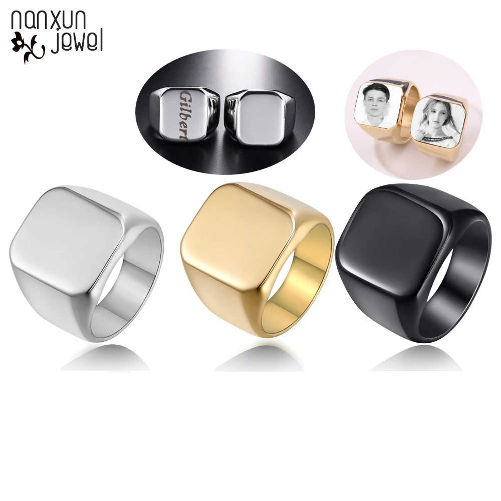 

Personalized Customize Engrave Photo Logo Names Rings Square Big Width Signet Ring Stainless Steel Men Finger Silver Black Gold