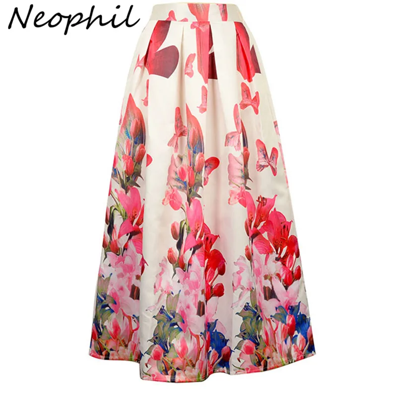Neophil, женские макси длинные юбки, высокая талия, черный, белый, цветок лилии, цветочный принт, плиссированные, длина до пола 100 см, Jupe Longue MS07069