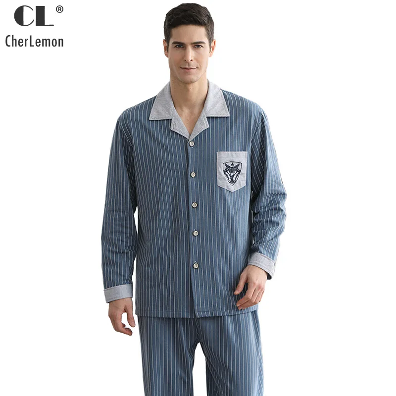 CherLemon Mens 100 Cotton Striped Pajama Set Autumn Long Sleeve Turn
