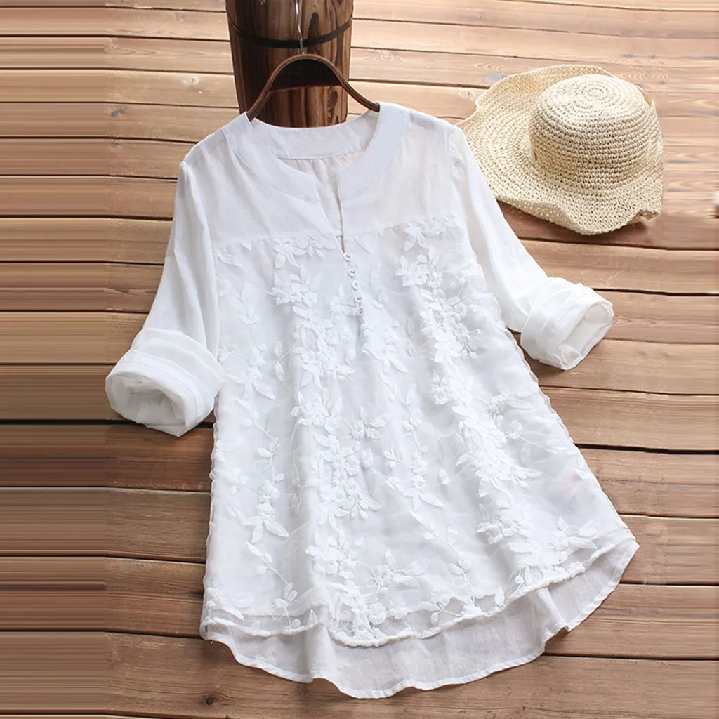 

2019 Women Tops Womens Tops And Blouses White Lace Womens Clothing Long Sleeve V Neck Vintage Women Shirts Ladies Top Blouse