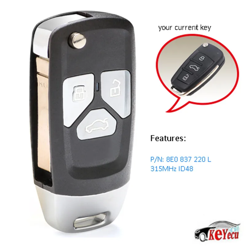 KEYECU Replacement Upgraded Replacement Flip Remote Key Fob 315MHz ID48 for Audi A4 S4 2006 2010