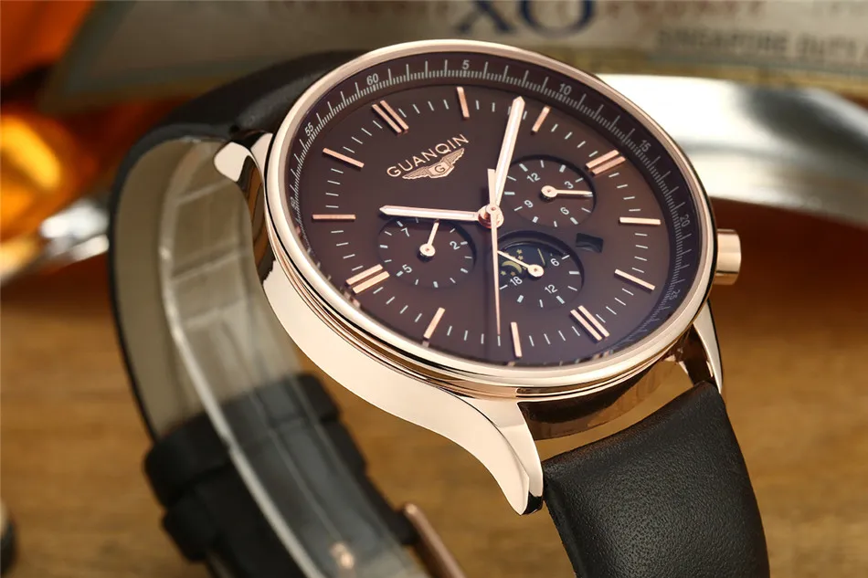 Мужские часы GUANQIN от ведущего бренда, роскошные часы с хронографом, военные кварцевые часы, мужские спортивные наручные часы с кожаным ремешком