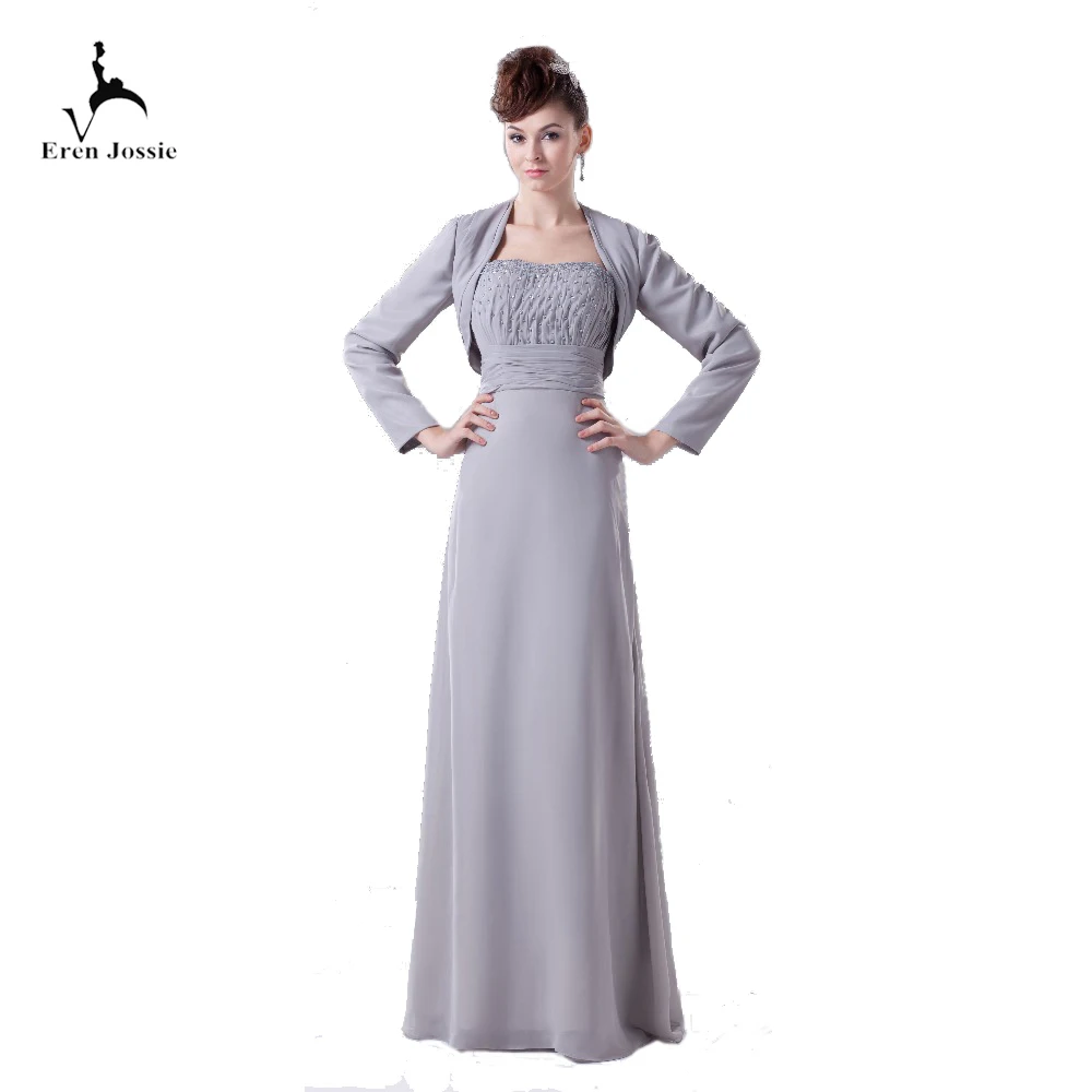 

Eren Jossie New Collection 2019 Long Sleeves Light Gray Chiffon Modest Mother of Bride Dresses with Beaded Bodice