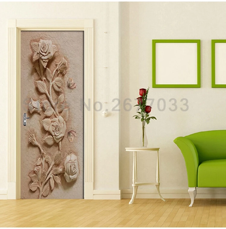 DIY Наклейка на дверь 3D рельефная Роза роспись бабочками для гостиной спальни Декор ПВХ самоклеющиеся водонепроницаемые двери 3D обои