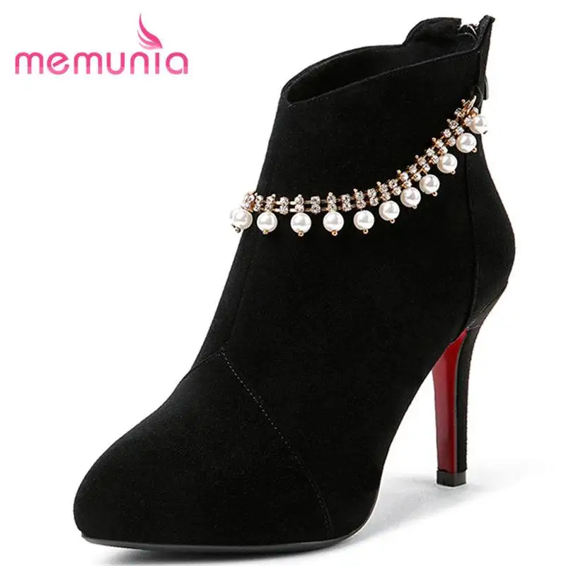 

MEMUNIA 2020 NEW arrival fashion string bead kid suede leather boots pointed toe ankle boots for women high heels winter boots
