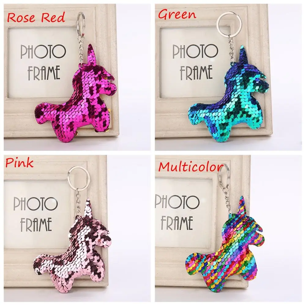 

New Fashion Glitter Sequins Cat Key Chain Shiny Unicorn Horn Keychain Mermaid Animal Tortoise Keyrings For Women Bag Pendant