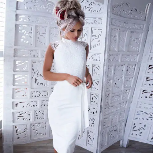 

Sexy Women Dress Summer Lace Solid White Sleeveless Turtleneck Off Shoudler Party Evening Short Mini Dresses
