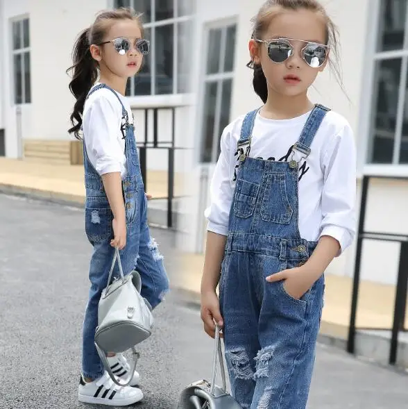 

4 6 8 10 12 14 16 Years Girl Ripped Denim Overalls Kids Causal Jeans 2019 Spring Autumn Children Jeans Overalls