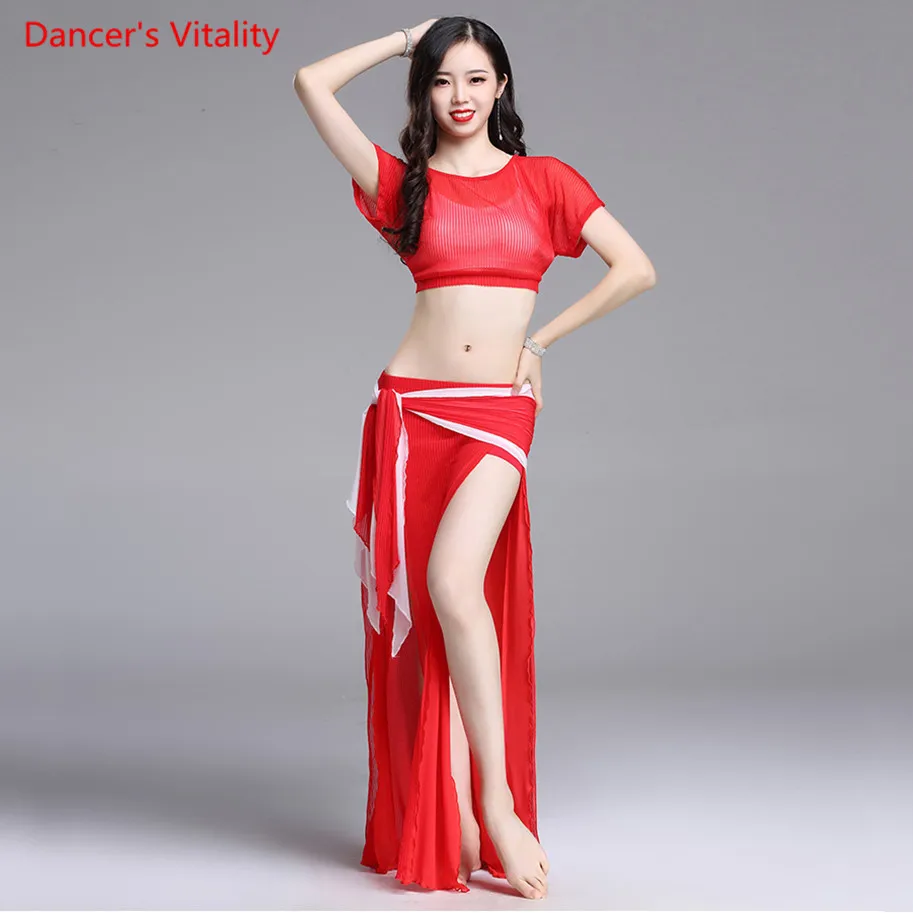 Сексуальный женский костюм летний комплект из 2 предметов топ+ юбка для танца живота танцевальная одежда красный цвет