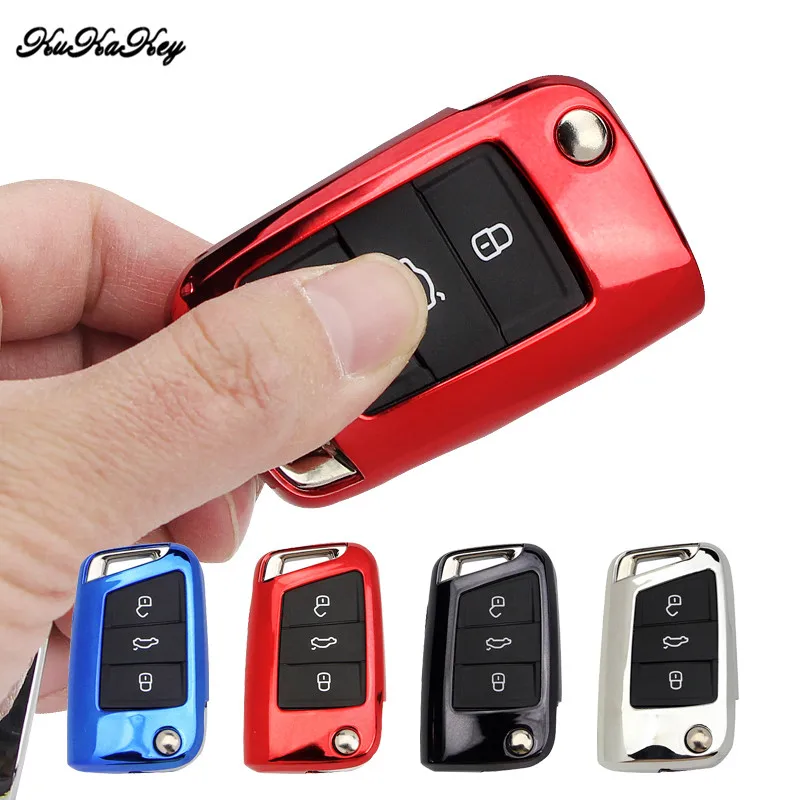 

KUKAKEY 6 Colors Remote Flip TPU Car Key Case For Volkswagen VW Polo 2016 Golf 7 MK7 Key Bag Shell Cover Holder Keyring Keychain