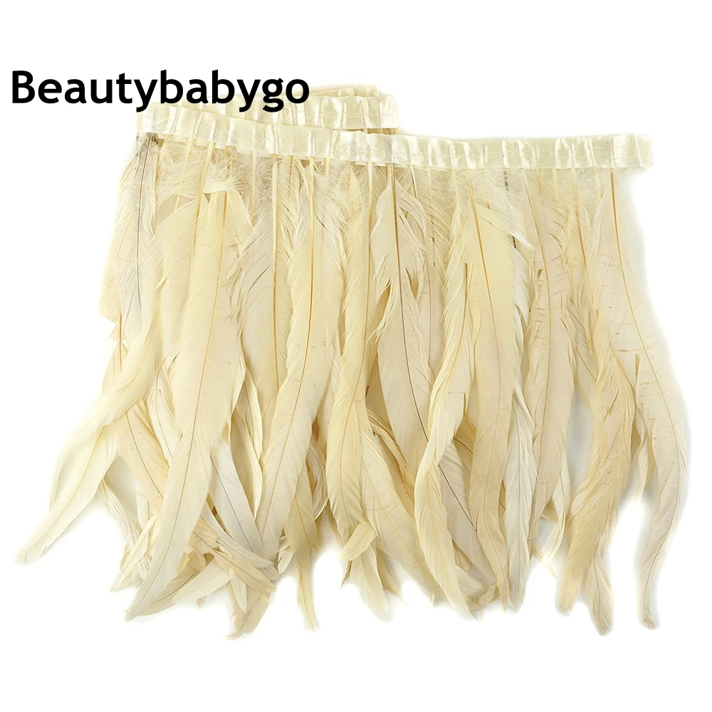 

Wholesale 2Yards/Lot Off white Rooster Chicken Feather Trim 25-30CM 10-12" Natural Coque Feather Fringe Satin Robbon Carnival De