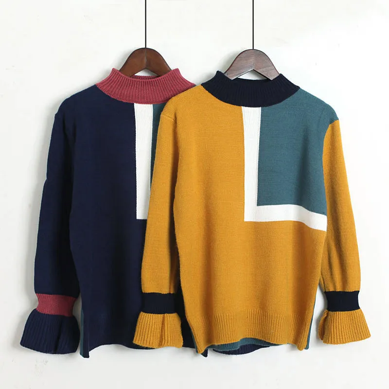 

collision collocation knitted sleeve sleeve sweater 2018 spring and autumn Korean version short bottom sweater