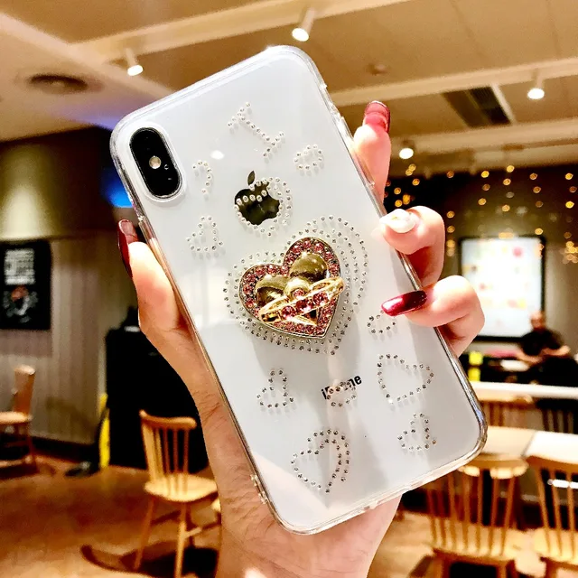 Dir-Maos For iPhone Xr Case Xs Max 8 Plus 7 Plus 6 6s Plus Fashion Women Clear Cover Diamond Finger Ring Stand Hold Cute Girl