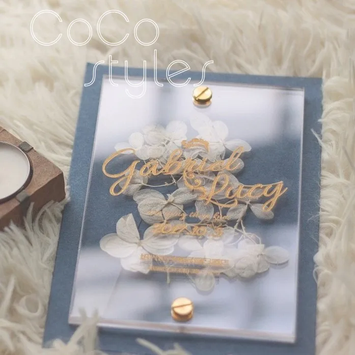  Cocostyles custom personalized clear acrylic invitation card with white foreverflower and engraving - 32869049352