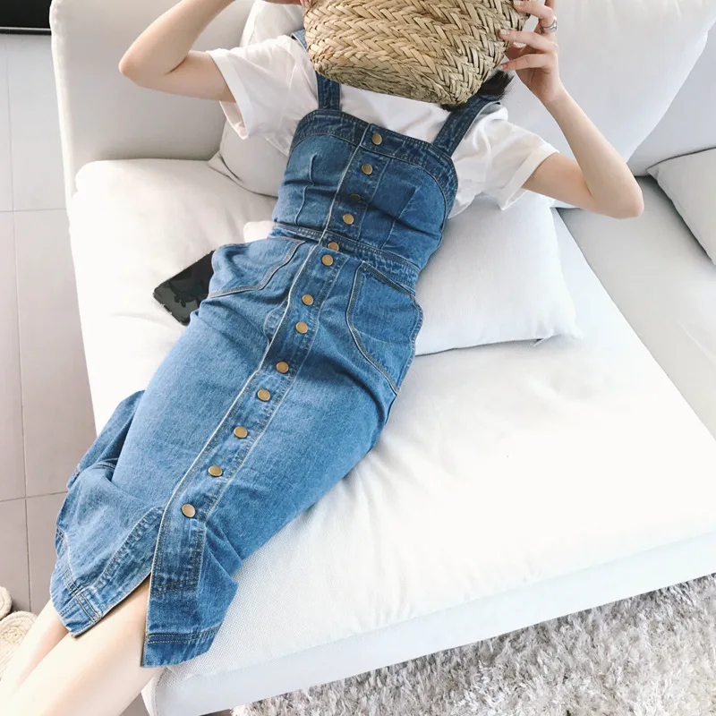 

LMCAVASUN 2019 Summer Autumn Women Denim Dress Sundress Sarafan Overalls Dress Vintage Blue Sexy Bodycon Female Jeans Dress