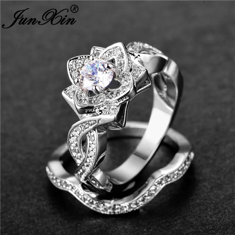 JUNXIN 80 OFF! Luxury Plant Leaf Flower Wave Ring Sets For Women 925 Silver Filled White Zircon Engagement Couples Ring Female