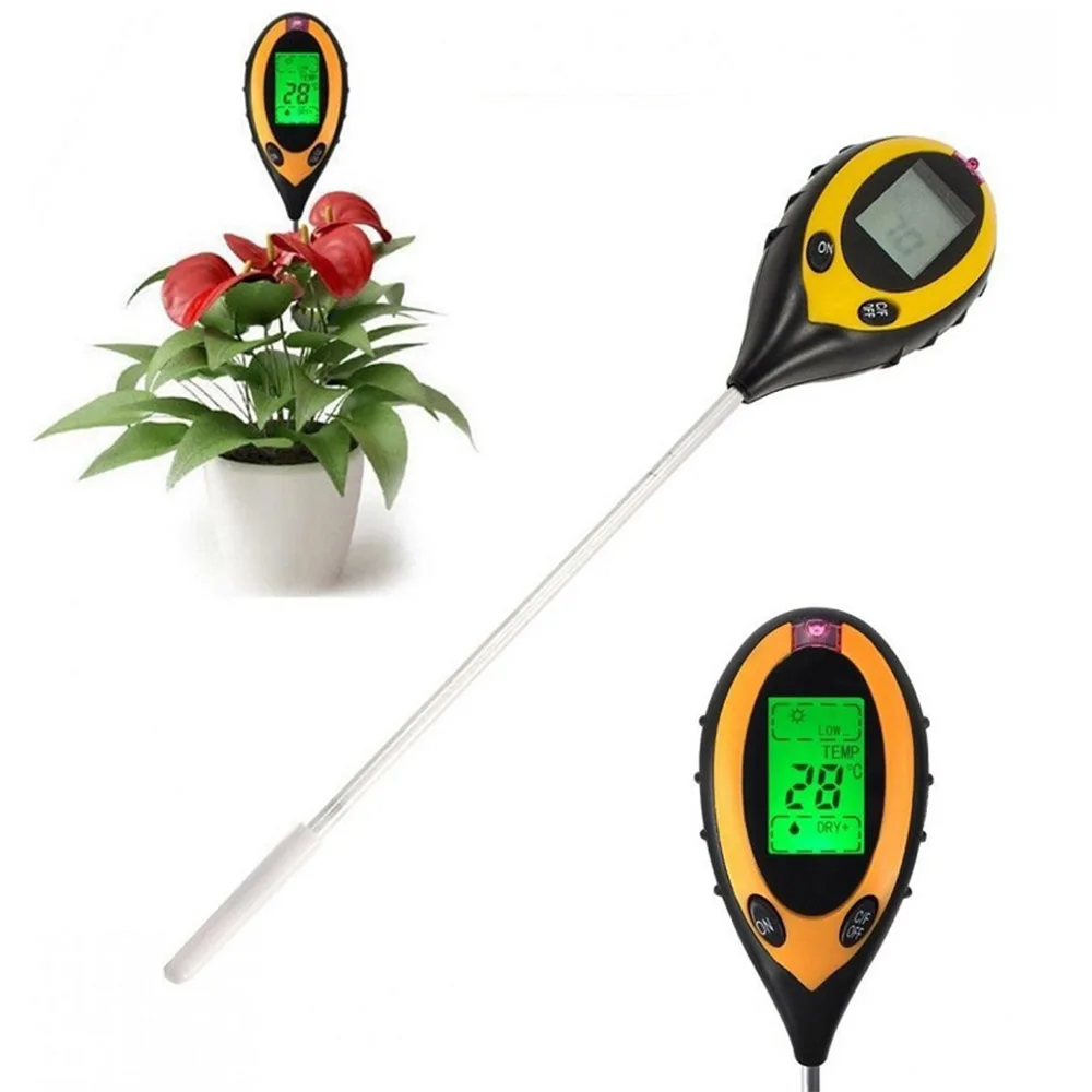 4 в 1 Цифровой измеритель PH влажности почвы температура монитора Солнечный свет тестер для садовые растения сельского хозяйства с ЖК-дисплеем