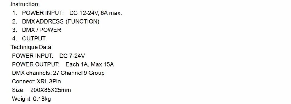 27 CH(9 групп) постоянное напряжение dmx декодер с интерфейсом RJ45, DC7-24V вход; макс 15А Выход