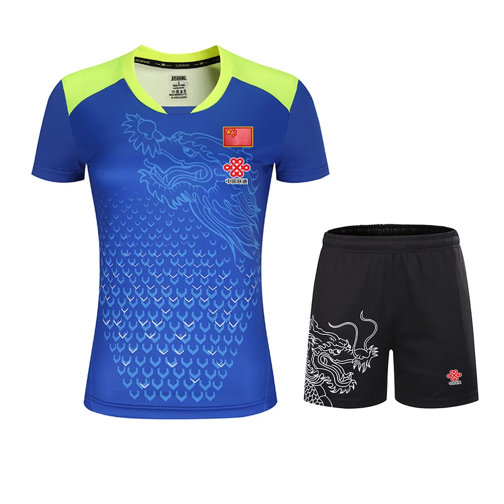 Новые китайские наборы для настольного тенниса с драконом для мужчин/женщин, комплекты для пинг-понга, китайская одежда для настольного тенниса для мужчин, рубашки для настольного тенниса+ шорты - Цвет: Woman 1 set