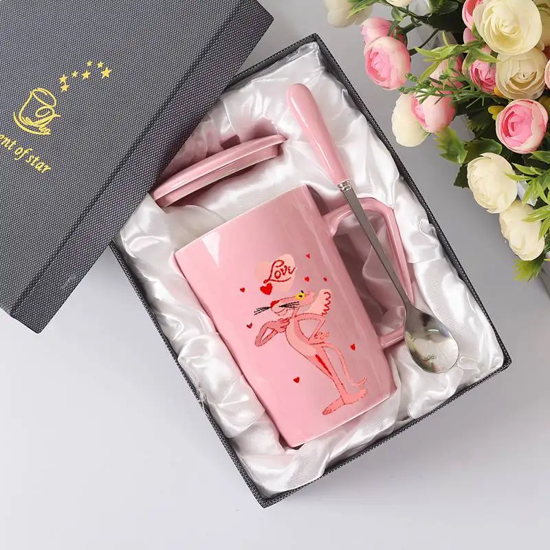 

350ml Pink Panther Mug Lovely Cartoon Figure Pink Naughty Leopard Ceramic Milk Coffee Cup For Girl Birthday Xmas Gift