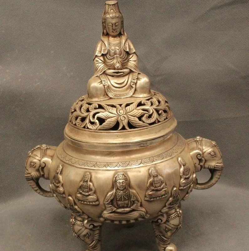 

13"Marked Chinese Buddhism Folk Silver Elephant Kwan-Yin Incense Burner Censer
