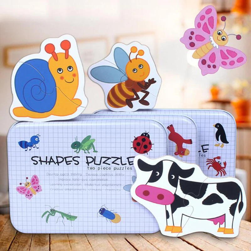 

Puzzle Toys for Children Animals Fruits Shape Tin Case Packing Puzzle Cards Educational Early Learning Cards Kids Toy Puzzle Box