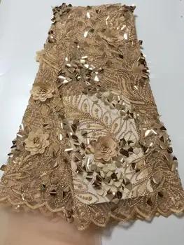 

African Lace Fabric 2019 High Quality Lace Sequins Fabric French Nigerian Beads Lace Fabric 3d Embroidery Wedding Lace