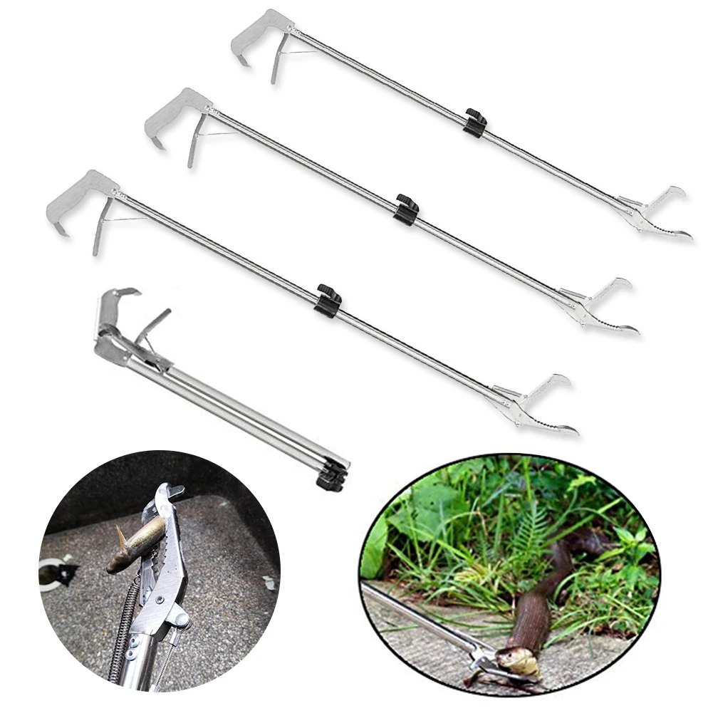 Inoxidável Cobra Alicate Dobrável Tong Vara Grabber Catcher Caça Ferramenta Aço 27 Aço inoxidável cobra alicate dobrável tong vara