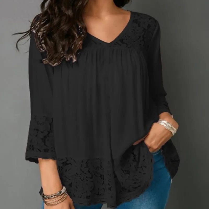 

2018 Spring Summer Blouse Women Lace Floral Patchwork Blouse 3/4 Sleeve Shirts Hollow Out Casual Tops White Pullovers Plus size