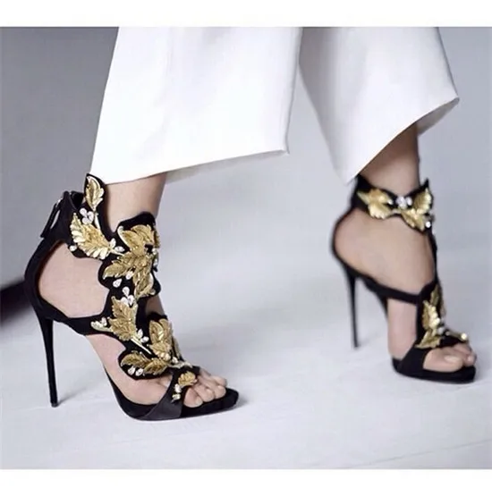 Luxury Crystal Gold Leaf Women Sandals Black Suede Gladiator Sandals Women Wedding Shoes Woman High Heels Pumps Sandalias Mujer (6)
