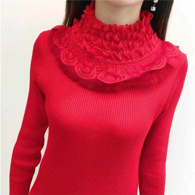 Autumn Women knit Sweater Pullover 2020 New Lace Bottom Shirt Long Sleeve Ruffle Slim Pull Knit Half Turtleneck ladies sweater | Женская