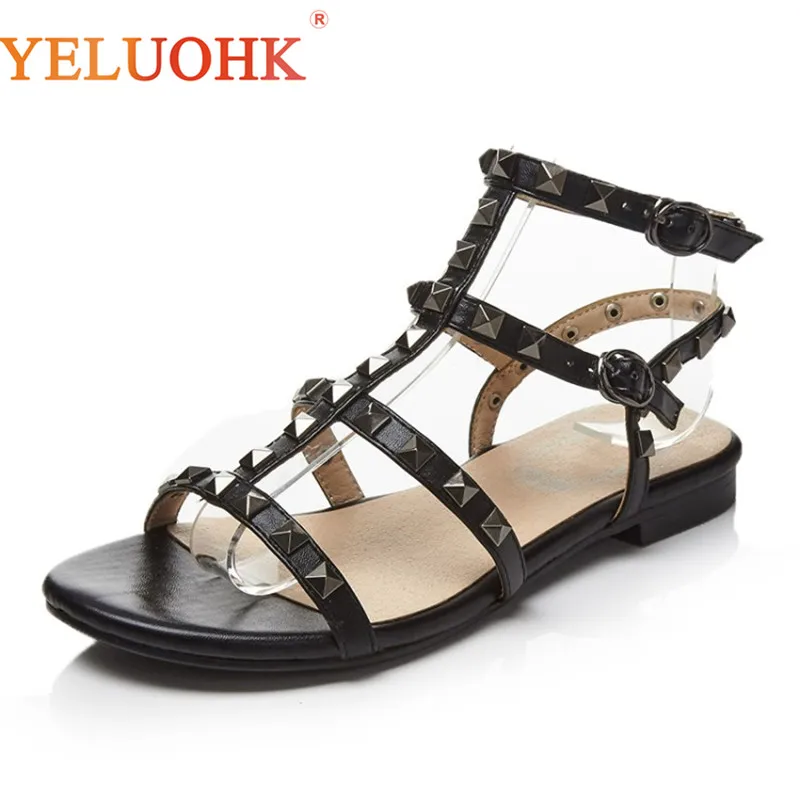 

33-43 Rivet Women Sandals Flat Genuine Leather Summer Sandals Women Big Size Summer Shoes