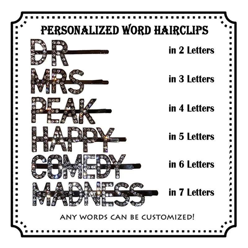 Original Word Hair Accessories Blingbling Crystal Word/Name HairClips Custom Letters Bobby Pins/Hairslide