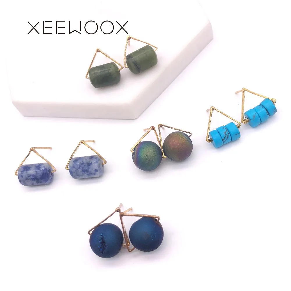 

Natural Stone Small Ball Woman Stud Earring Triangle Colorful Blue Green Purple Statement Stud Earring XEEWOOX Design Gift Party