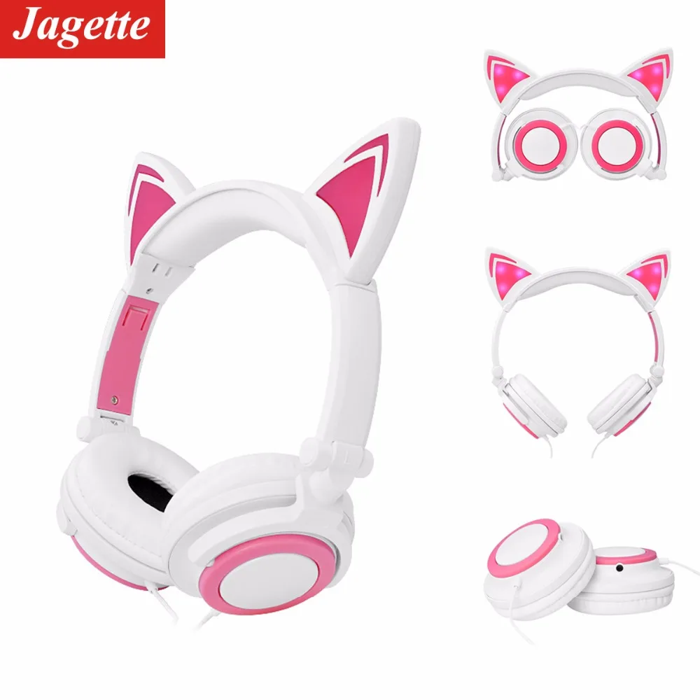 

JAGETTE Cute Cat Ear Headphones with LED Flashing Glowing Light Headset Gaming Earphones for PC Computer and Mobile Phone