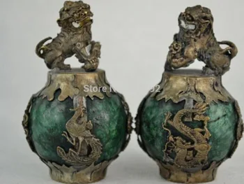 

Tibet silver Green Jade Armoured Dragon Phoenix Kylin Lucky Pair Statue