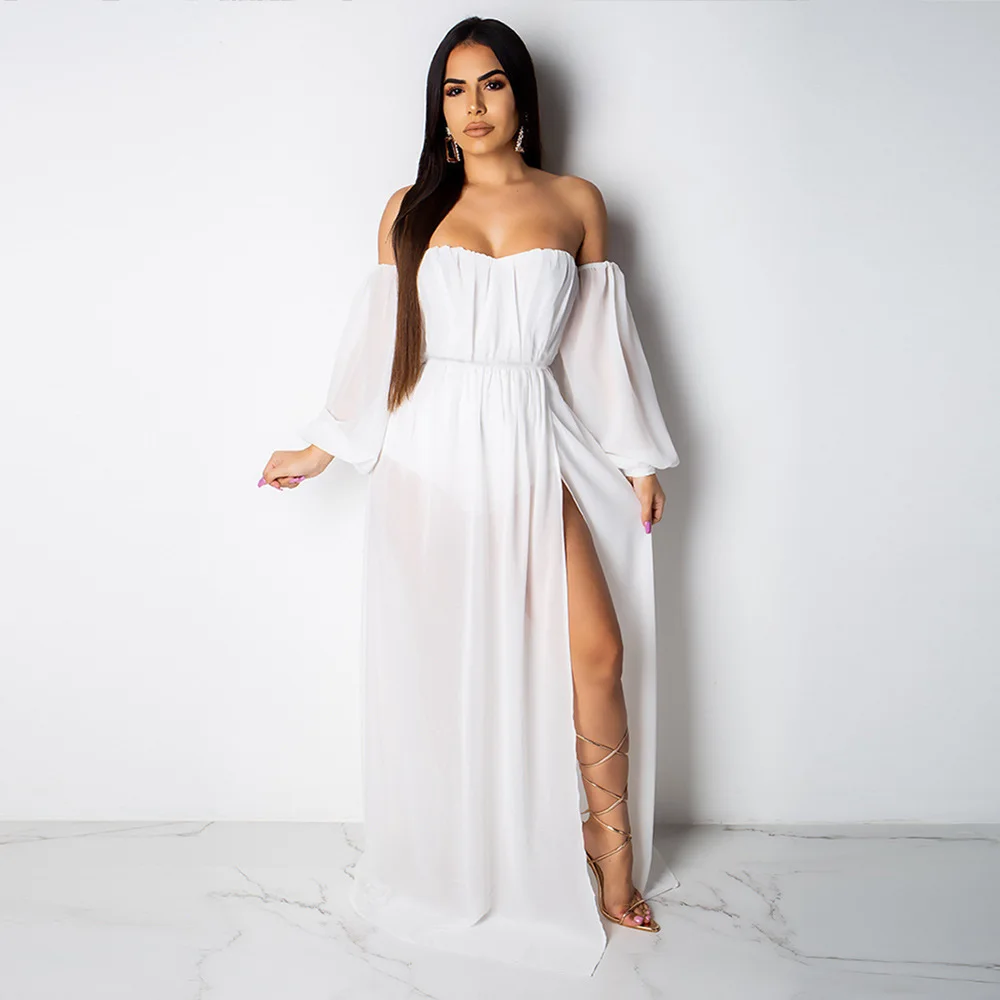 Tobinoone, винтажное летнее платье, с оборками, с разрезом, с поясом, сексуальное длинное платье, богемное женское платье для отдыха на пляже, платье с открытыми плечами, vestidos - Цвет: Белый