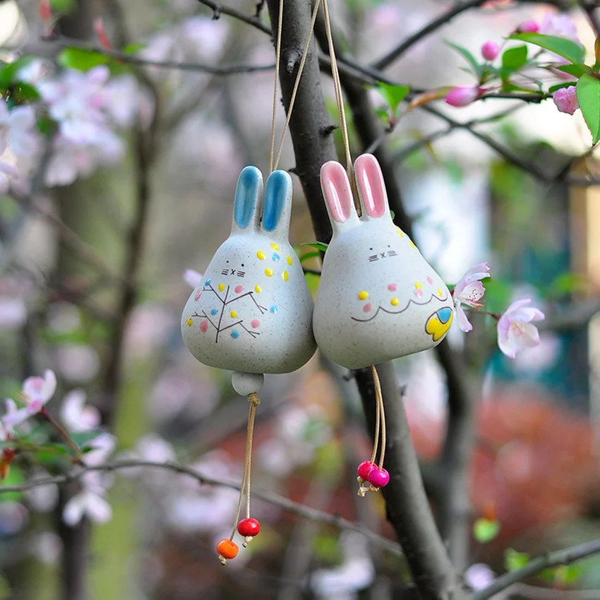 

Japanese Ceramic Rabbit Wind Bell Hanging Ornaments Creative Jingdezhen Ceramic Artwork Wind Chimes Nordic Decoration Home Room