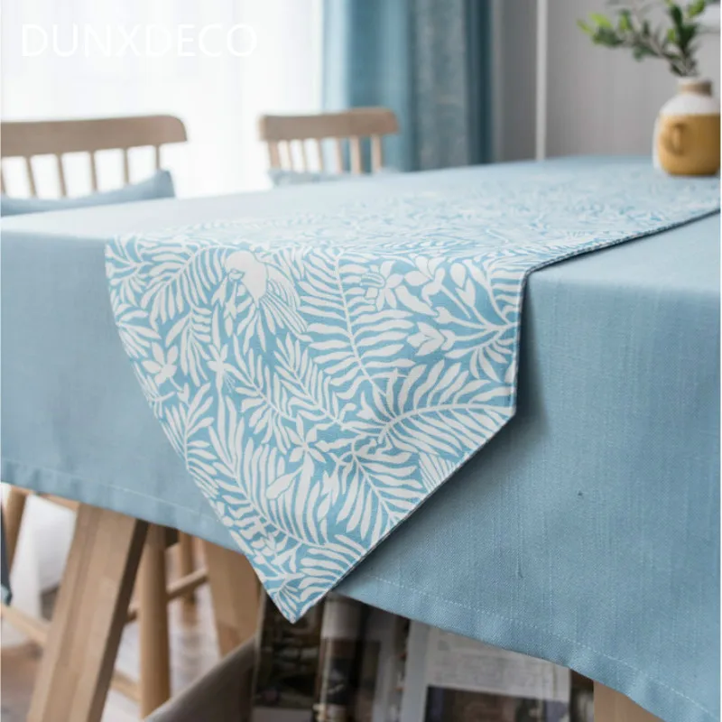 

DUNXDECO Table Runner Long Table Cover Fabric Garden Party Decoration Cloth Fresh Blue Green Jungle Leaf Linen Cotton Textile