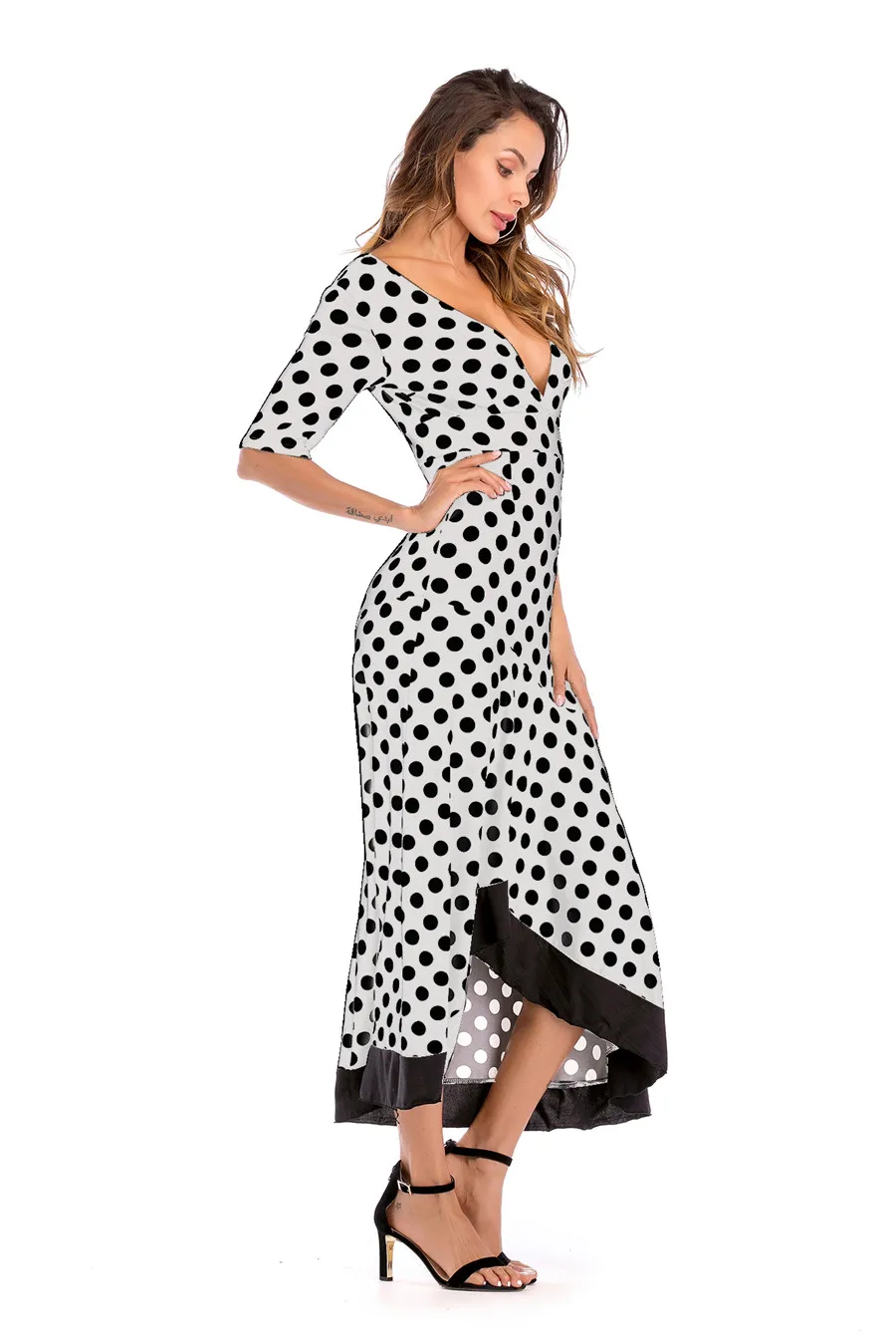 Gladiolus New Autumn Women Long Dress Half Sleeve Deep V-Neck Sexy Backless Polka Dot Ruffles Hem Maxi Dress Robe Femme Ete 2018 (17)
