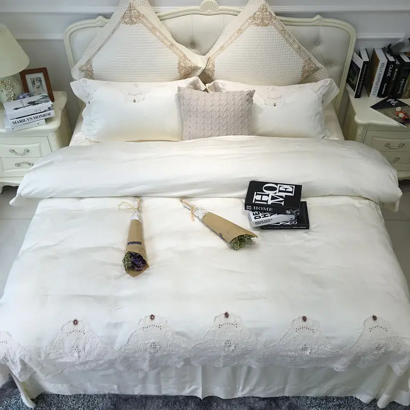 

4/6Pcs luxury Silk Cotton satin Jacquard pure Princess Bedding Set lace Duvet cover set Bedsheet Pillowcase Queen King Size