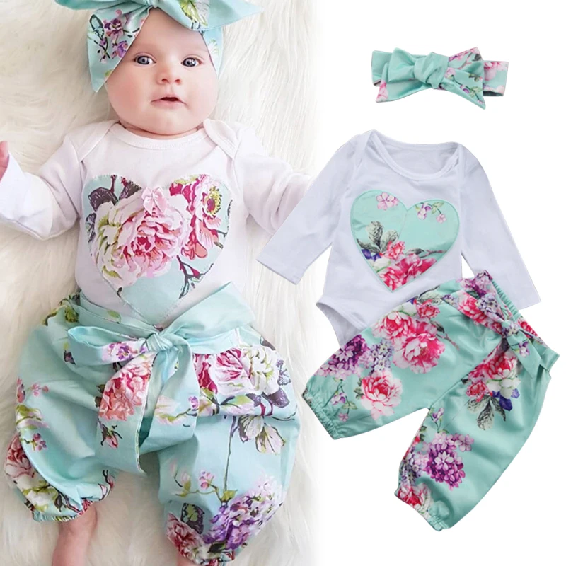 3PCS Autumn Floral Long Sleeve Romper Set Newest Sweet Infant Baby Girl