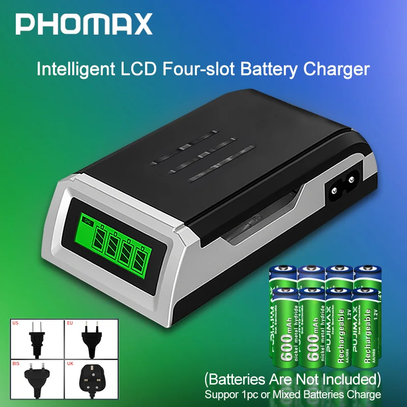 Бытовое умное зарядное устройство PHOMAX LCD 002 с ЖК дисплеем и 4 слотами для