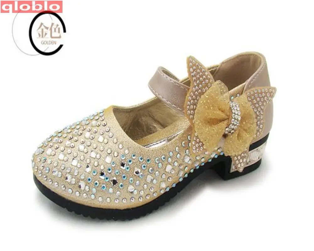 Qloblo бренд сезон: весна–лето Bowtie Rhinestone кожаные туфли детская обувь принцессы для девочек вечерние туфли сандалии для девочек