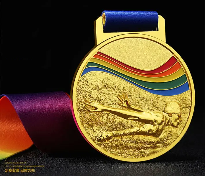 Высокое качество! Размер 70 мм плавающие медали с цветной лентой 3D литье на заказ логотип медальон - Цвет: Золотой
