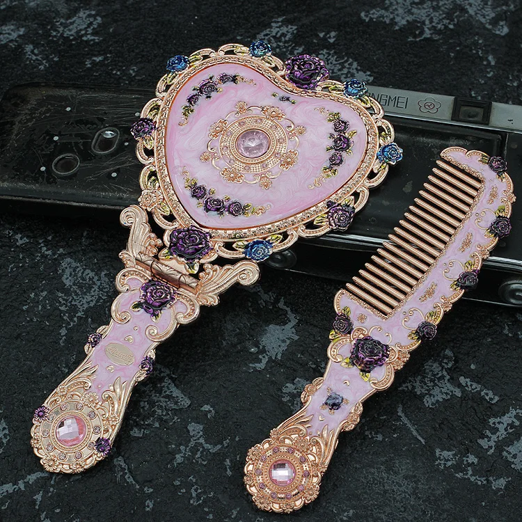

European castle large size Retro Classic Make-Up Mirror Comb Set Hand Hold Cosmetic mirror With Handle For Gifts HZJ017