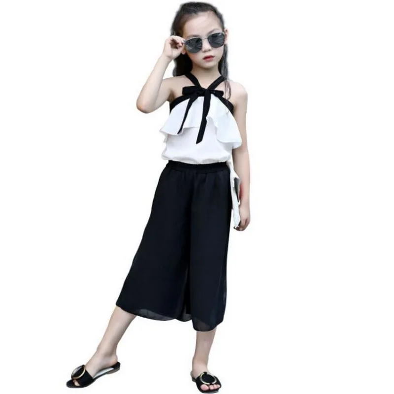 

2018 Girl Sexy Summer Clothes Set Halter Strapless Vest Wide Leg Pants 2 ps Chiffon Clothing Set baby Girl Fashion Clothes 3-12Y
